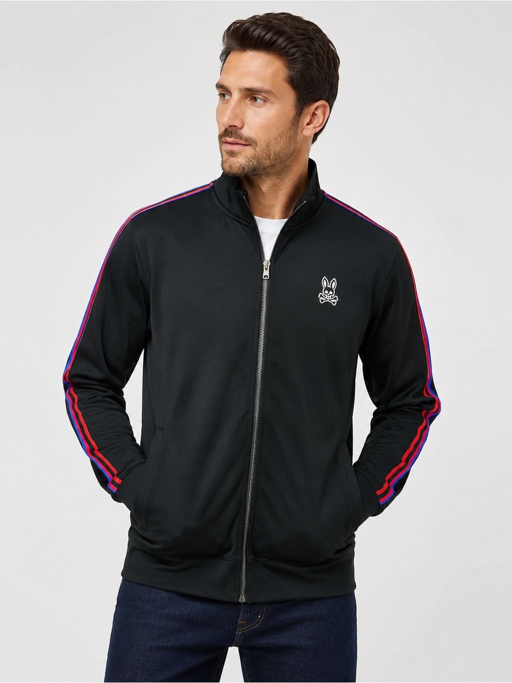 Psycho Bunny Men's Black Zip-Up Track Jacket with Red & Blue Stripe